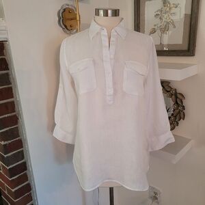 Ralph Lauren Chic White Roll Tab Sleeve Blouse 100% Linen Medium